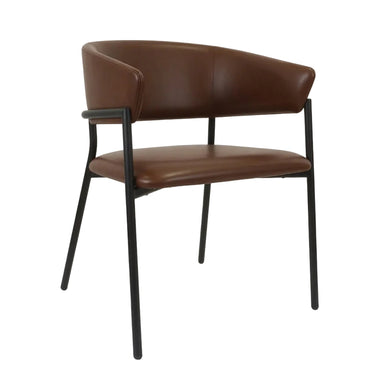 Arlo arm chair with brown leather-look seat and back, black metal legs