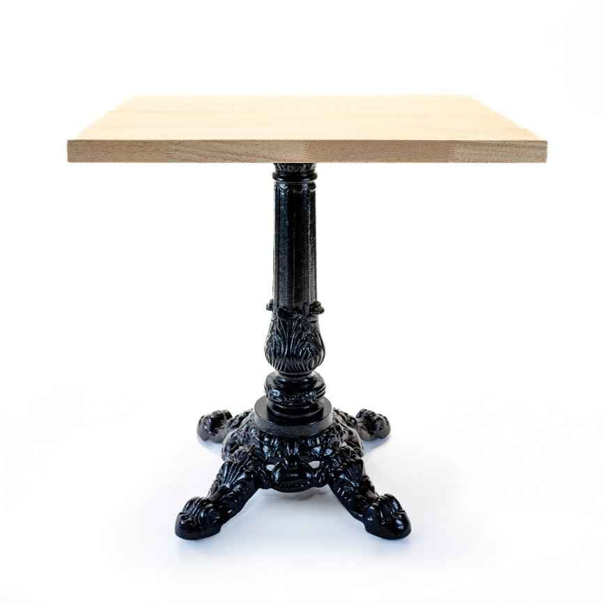 Ornate cast table base with fluted pedestal and three curved claw feet, black finish