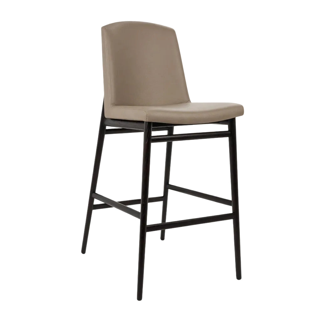 Bar stool with taupe upholstered seat and back, dark wood frame and integrated footrest