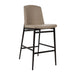 Bar stool with taupe upholstered seat and back, dark wood frame and integrated footrest
