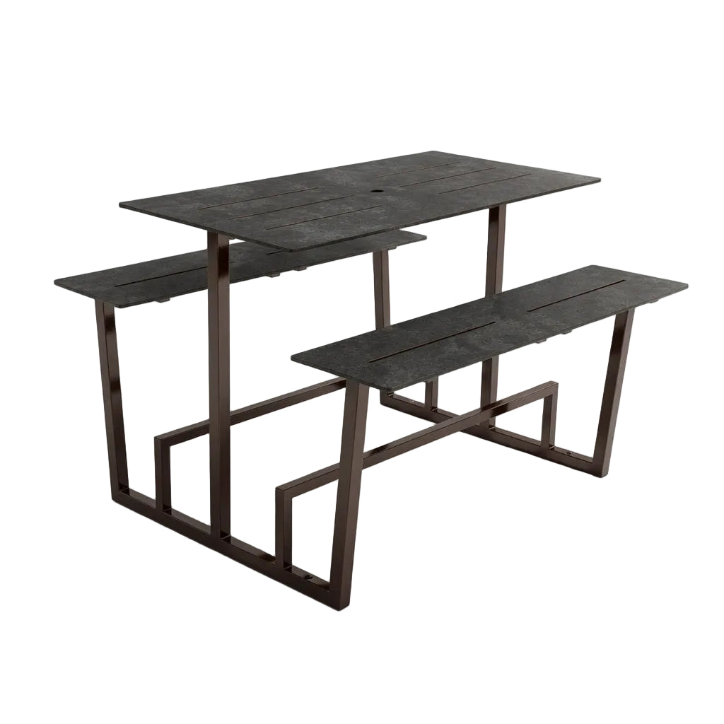 Monterey table with dark gray concrete top and bronze metal base, includes two side shelves.