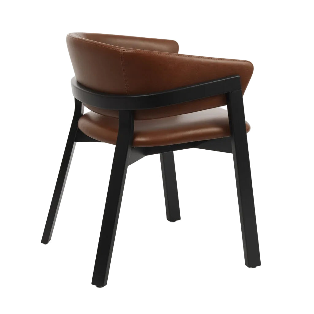 Brown leather-look arm chair with dark legs, curved backrest and padded seat