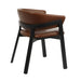 Brown leather-look arm chair with dark legs, curved backrest and padded seat