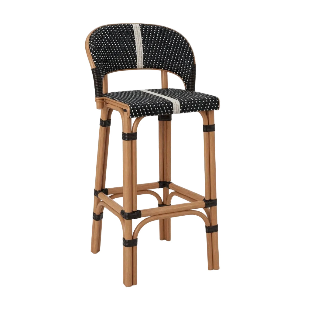 Rattan bar stool with round back, black woven cushion with white speckle stripe, light wood frame