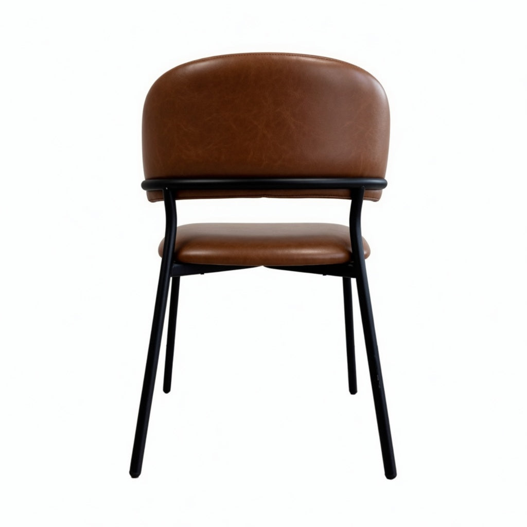 Side chair with brown upholstered back and seat, curved armrests, black metal frame