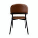 Side chair with brown upholstered back and seat, curved armrests, black metal frame