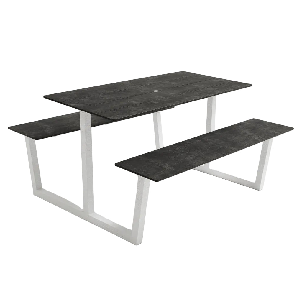 Monterey table with dark concrete top and white metal base, plus two bench-style shelves.