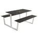 Monterey table with dark concrete top and white metal base, plus two bench-style shelves.
