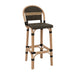 Bar stool with light wood frame and black woven seat and back with light speckles