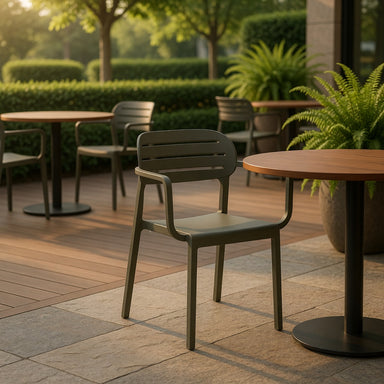 Luna arm chair with slatted back and armrests, dark finish