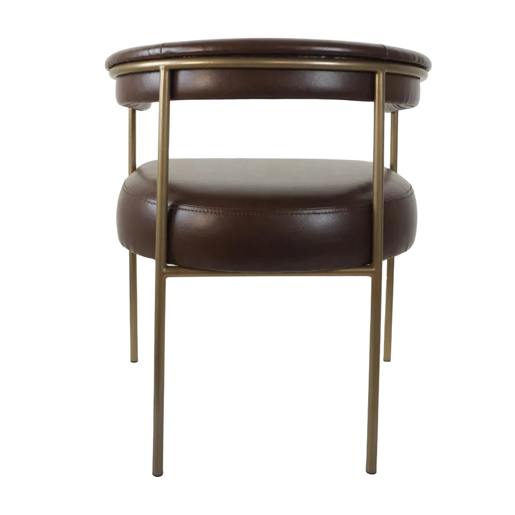 Brown leather arm chair with rounded back and padded seat, gold metal frame