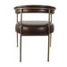 Brown leather arm chair with rounded back and padded seat, gold metal frame