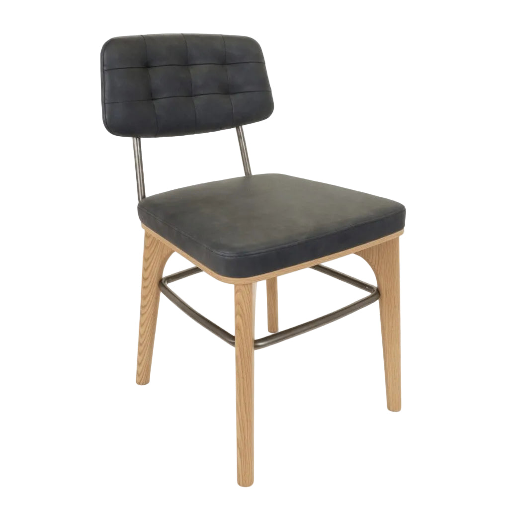 Dark gray upholstered side chair with tufted back and natural wood base
