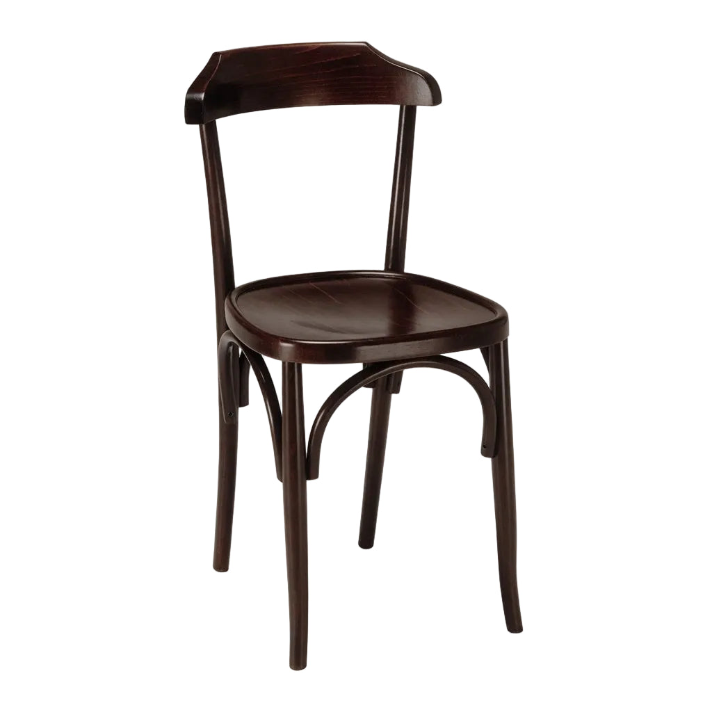 Hazelyn side chair with round dark wooden seat and curved back, dark walnut finish.